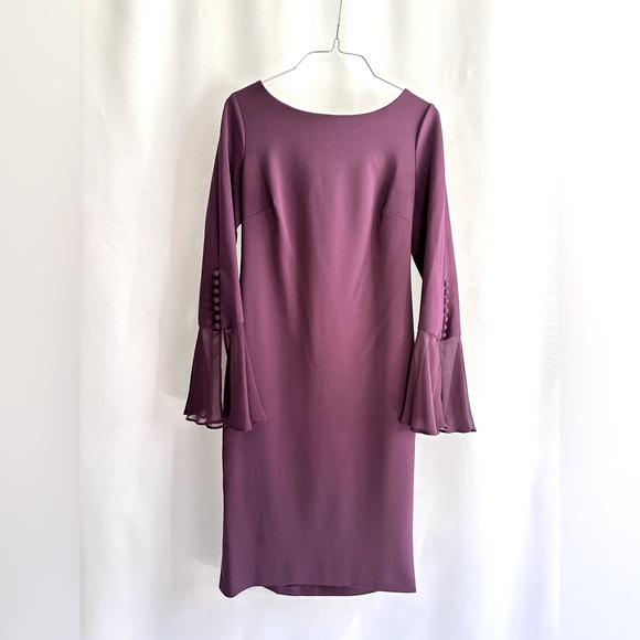 CALVIN KLEIN Chiffon Bell Sleeve Sheath Dress - Picture 4 of 8